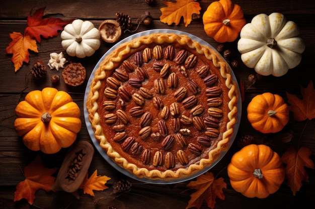 Traditional Thanksgiving pies include pumpkin pecan and cheesecake with a top down view and empty sp