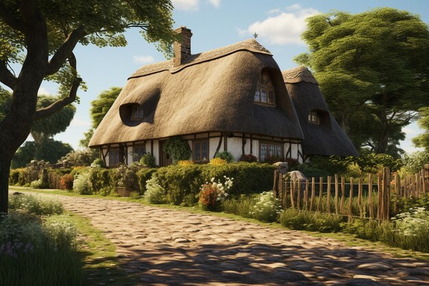 Traditional thatchroofed cottage in a rural Generative ai