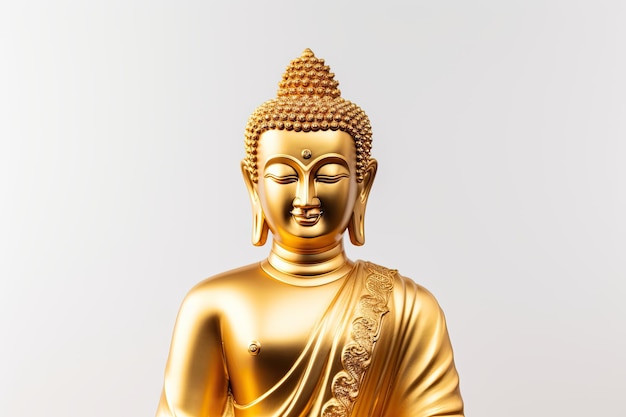 Traditional Tibetan style golden Buddha statue with open eyes isolated on white background