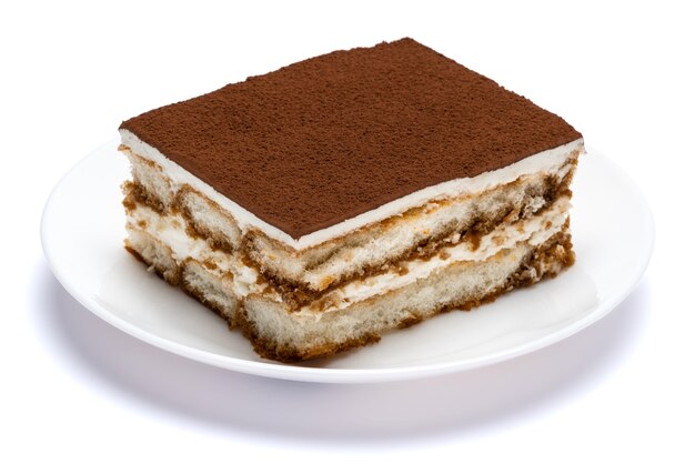 Traditional tiramisu dessert on a ceramic plate