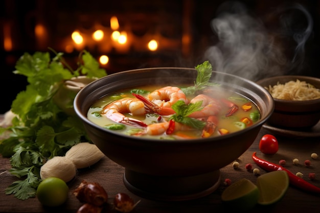 traditional Tom Yum soup with shrimp served in a cozy kitchen on a dark wood table