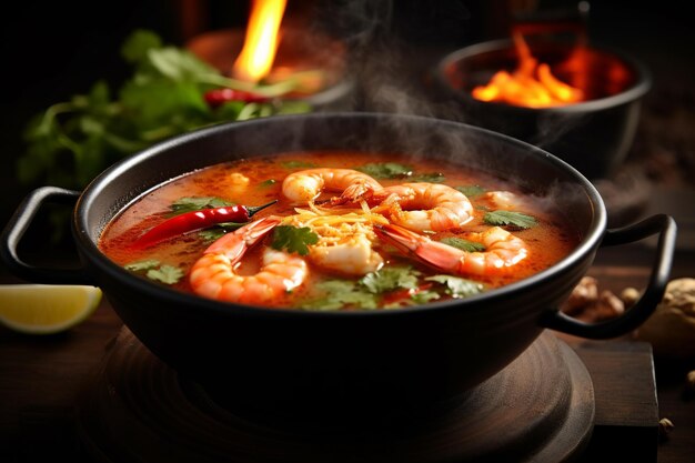 traditional Tom Yum soup with shrimp served in a cozy kitchen on a dark wood table