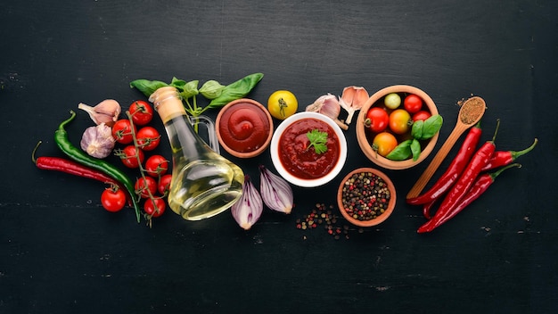 Traditional tomato ketchup sauce Cherry tomatoes spices chili peppers olive oil parsley Top view On a black wooden background Free space