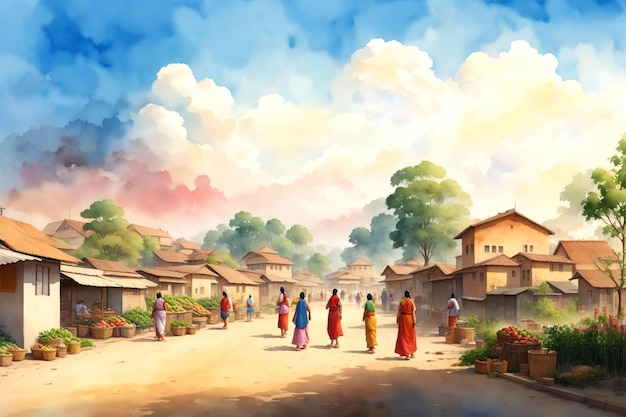 伝統的な町の野菜の村の市場とカラフルな風景 景色の水彩画
