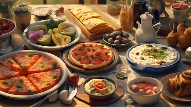 Traditional Turkish breakfast many dishes on the kitchen table top view AI Generative