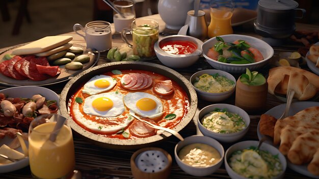 Traditional Turkish breakfast many dishes on the kitchen table top view AI Generative