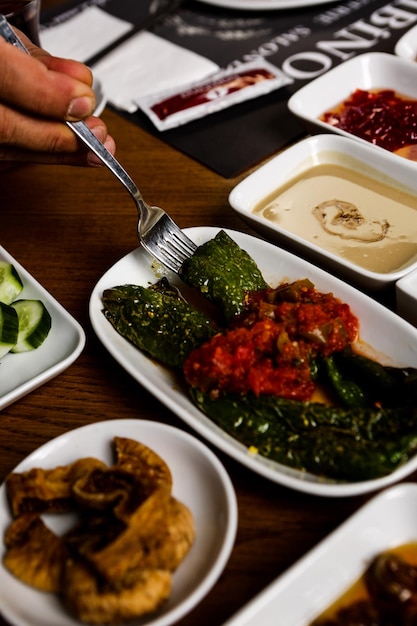 Traditional turkish breakfast table with mixed foods