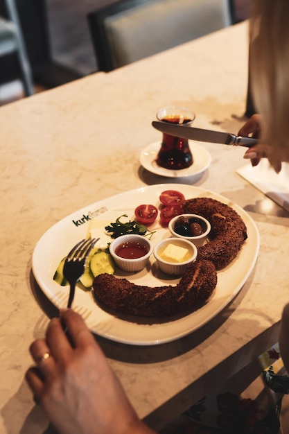 Traditional turkish breakfast table with mixed foods