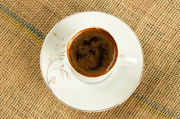 Traditional Turkish coffee on burlap