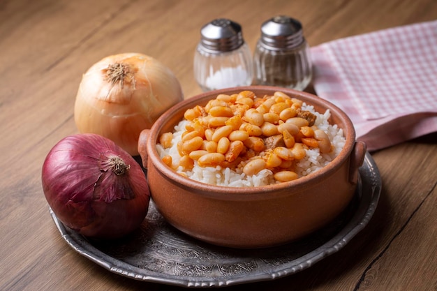 Traditional Turkish cuisine. Kuru Fasulye . Haricot Beans, rice and beans (Turkish name; pilav ustu kuru fasulye)