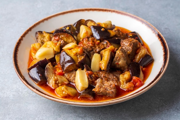 Traditional Turkish cuisine; Meaty Eggplant Dish. Turkish name; patlican guvec or patlican tava