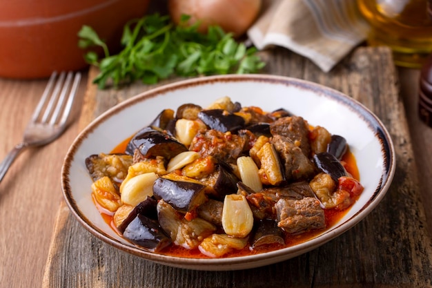 Traditional Turkish cuisine; Meaty Eggplant Dish. Turkish name; patlican guvec or patlican tava