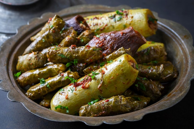 Traditional Turkish cuisine Mixed Stuffed Vegetables Stuffed leaves stuffed zucchini and stuffed eggplant Turkish name Yaprak sarmasi kabak dolmasi