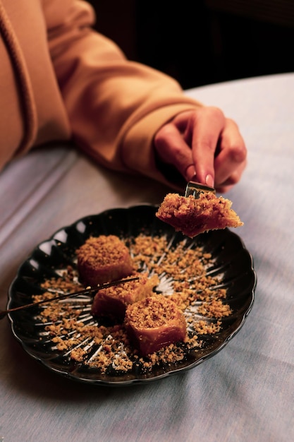 Traditional turkish dessert baklava with cashew walnuts Homemade baklava with nuts and honey