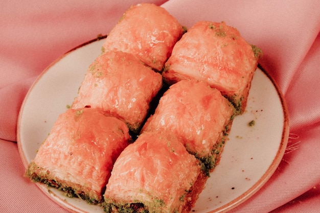 Traditional turkish dessert baklava with cashew, walnuts. Homemade baklava with nuts and honey.