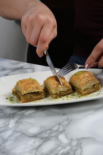 Traditional turkish dessert baklava with cashew walnuts Homemade baklava with nuts and honey