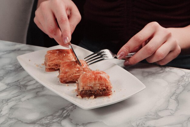 Traditional turkish dessert baklava with cashew walnuts Homemade baklava with nuts and honey