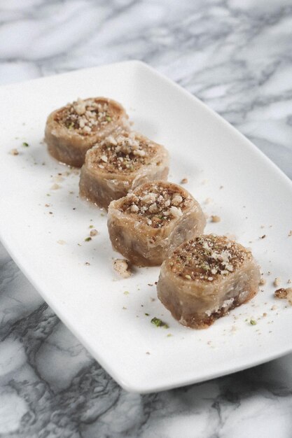 Traditional turkish dessert baklava with cashew, walnuts. Homemade baklava with nuts and honey.