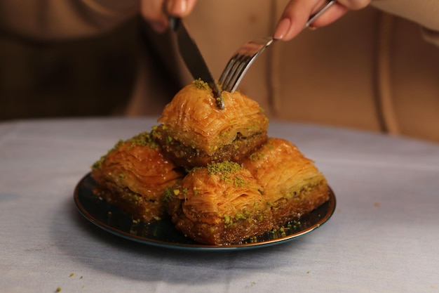 Traditional turkish dessert baklava with cashew, walnuts. Homemade baklava with nuts and honey.