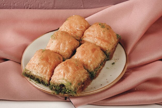 Traditional turkish dessert baklava with cashew, walnuts. Homemade baklava with nuts and honey.