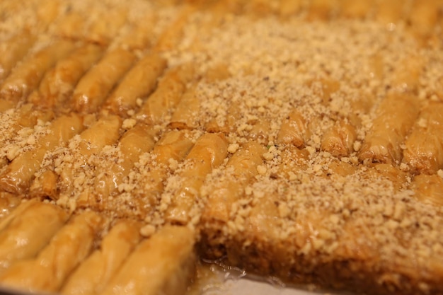 Traditional turkish dessert baklava with cashew, walnuts. Homemade baklava with nuts and honey.