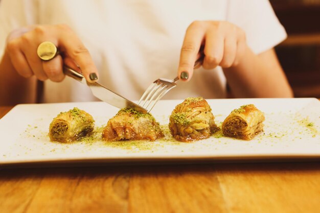 Traditional turkish dessert baklava with cashew walnuts Homemade baklava with nuts and honey