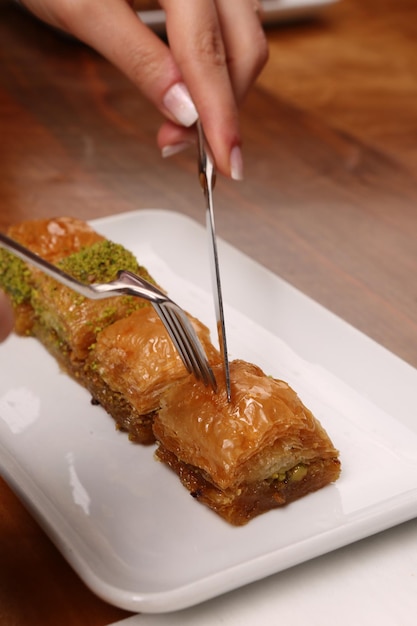 Traditional turkish dessert baklava with cashew walnuts Homemade baklava with nuts and honey