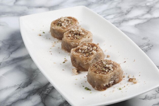 Traditional turkish dessert baklava with cashew walnuts Homemade baklava with nuts and honey