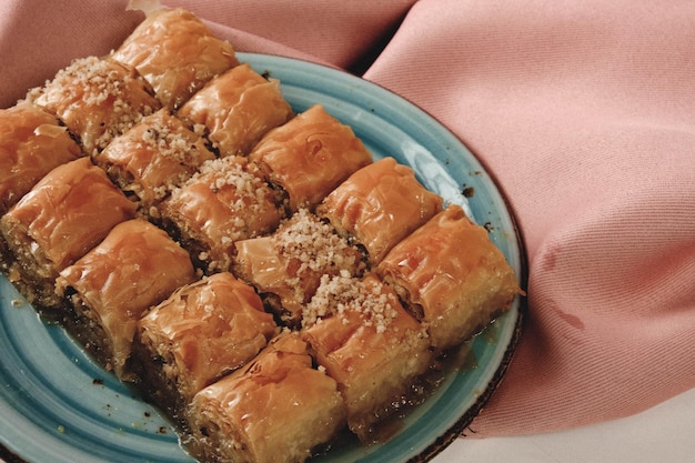 Traditional turkish dessert baklava with cashew walnuts homemade baklava with nuts and honey