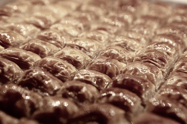 Traditional turkish dessert baklava with cashew walnuts Homemade baklava with nuts and honey