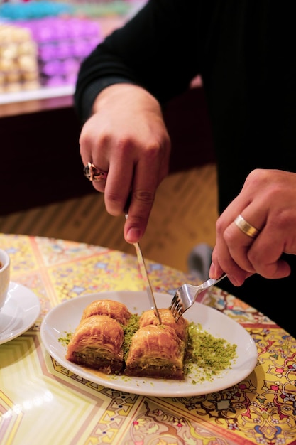 Traditional turkish dessert baklava with cashew, walnuts. Homemade baklava with nuts and honey.