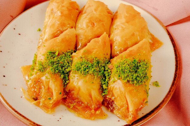 Traditional turkish dessert baklava with cashew, walnuts. Homemade baklava with nuts and honey.