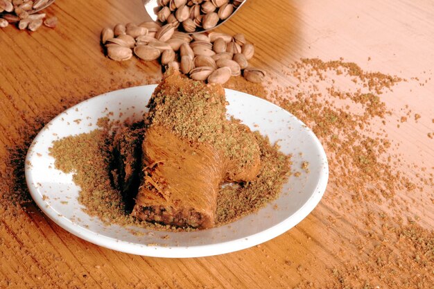 Traditional turkish dessert baklava with cashew, walnuts. Homemade baklava with nuts and honey.