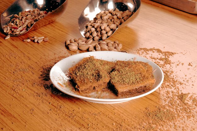 Traditional turkish dessert baklava with cashew, walnuts. Homemade baklava with nuts and honey.