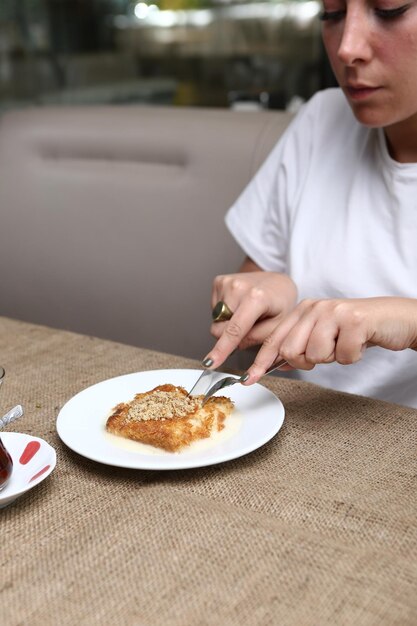 Traditional turkish dessert baklava with cashew walnuts Homemade baklava with nuts and honey