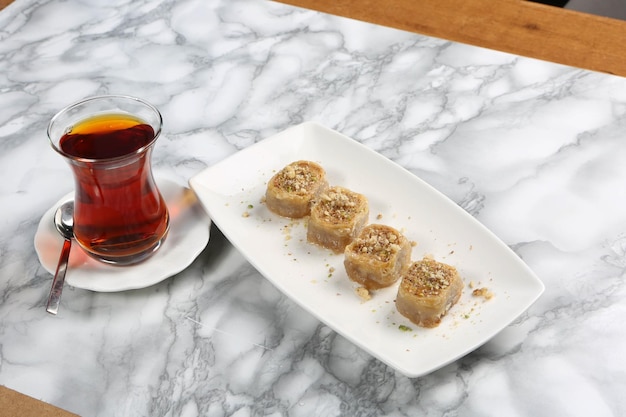 Traditional turkish dessert baklava with cashew walnuts Homemade baklava with nuts and honey