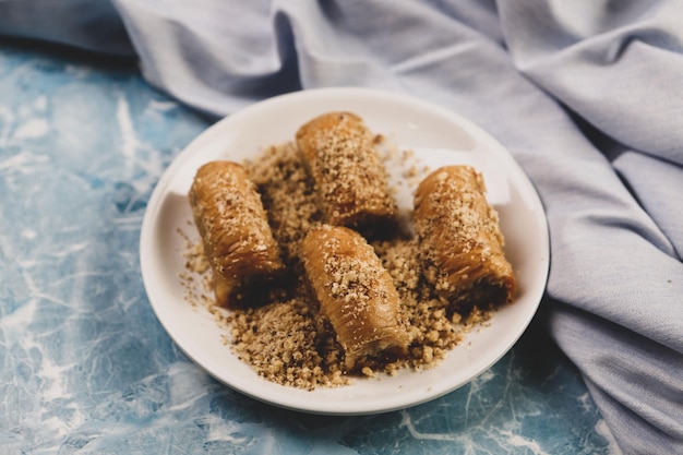 Traditional turkish dessert baklava with cashew walnuts Homemade baklava with nuts and honey