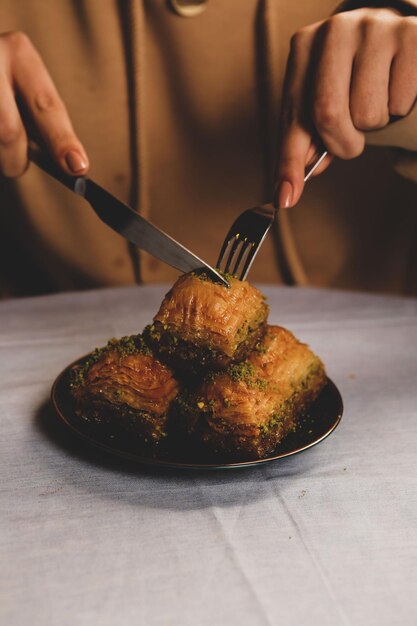 Traditional turkish dessert baklava with cashew walnuts Homemade baklava with nuts and honey