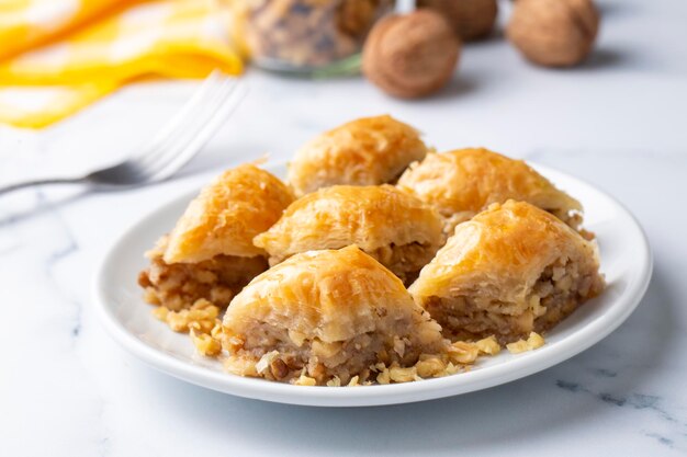 Traditional Turkish dessert; Handmade walnut baklava. Turkish name; cevizli baklava