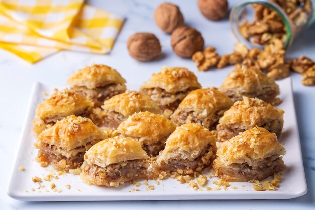 Traditional Turkish dessert; Handmade walnut baklava. Turkish name; cevizli baklava