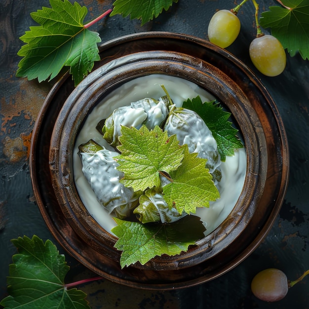 Traditional Turkish Dolma Sarma or Dolmades with Tzatziki Sauce Mediterranean Dish Dolmadakia