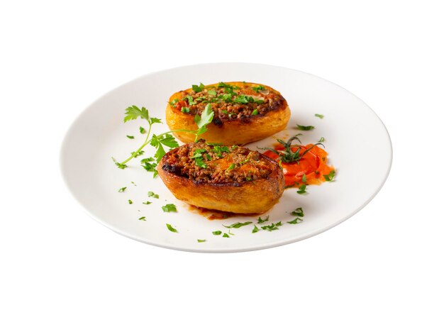 Photo traditional turkish food baked potato dish with minced meat turkish name patates karniyarik