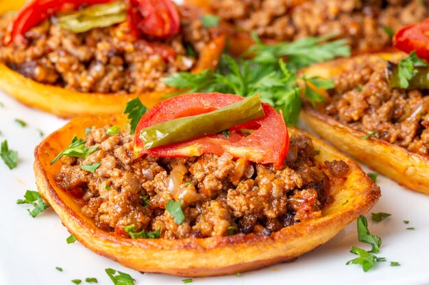 Traditional turkish food baked potato dish with minced meat turkish name patates karniyarik