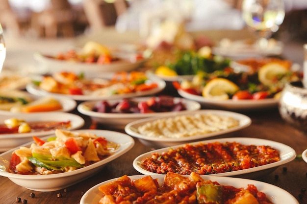 Traditional Turkish and Greek dinner meze table