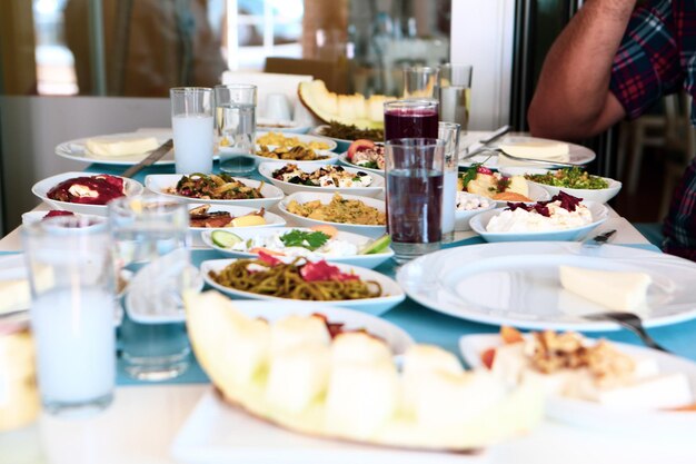 Traditional Turkish and Greek dinner meze table