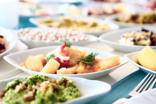 Traditional Turkish and Greek dinner meze table