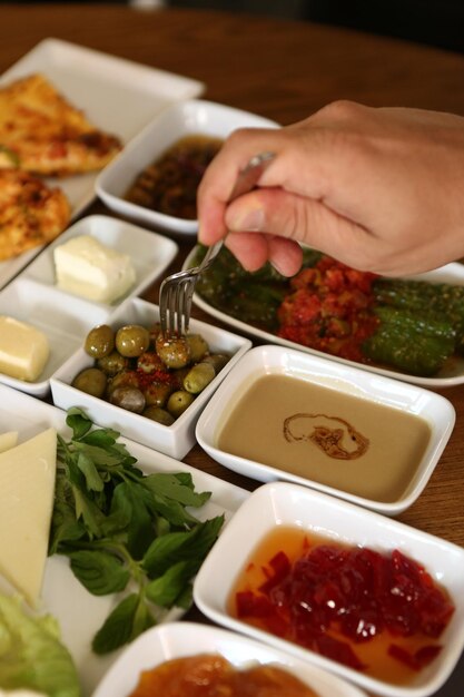 Traditional Turkish and Greek dinner meze table