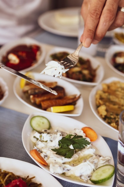 Traditional Turkish and Greek dinner meze table