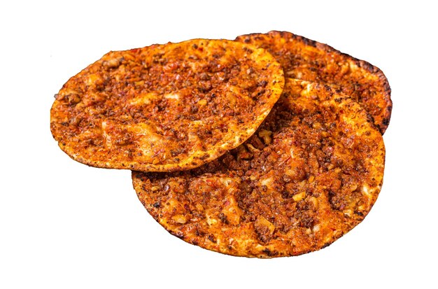 トルコの伝統的なラハマクン (Lahmacun) は,肉を切ったもので,白色の背景が隔離されています.