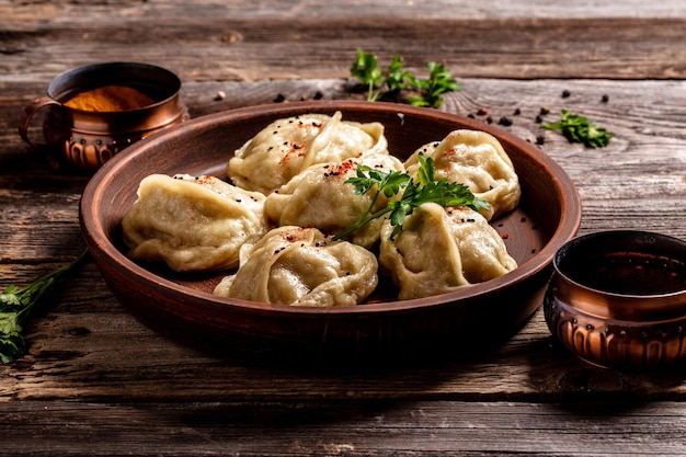 Traditional Turkish Manti meat dish close up view